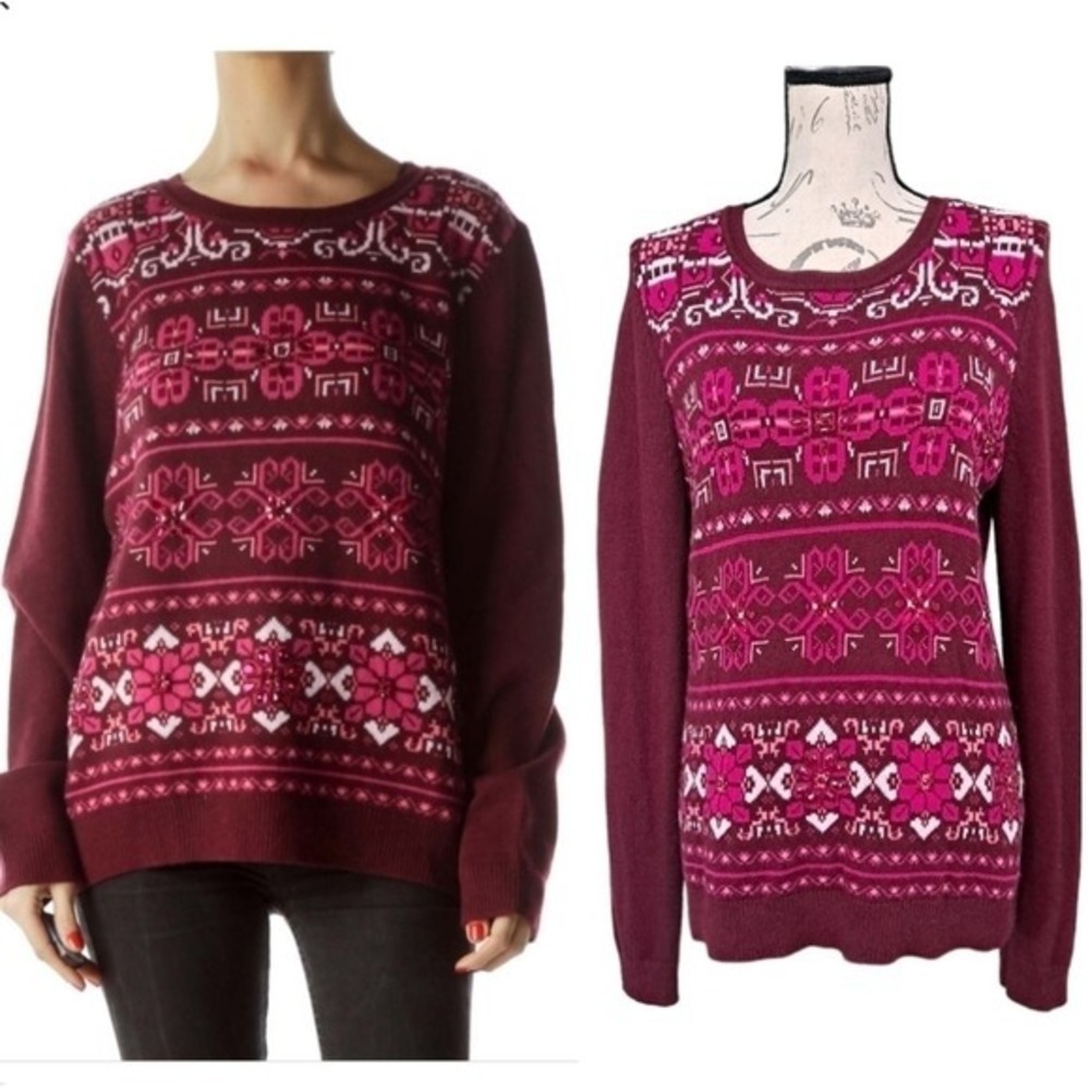 Talbots Lambswool Fair Isle Sweater M Burgundy Pink Nordic Beaded Rhinestone